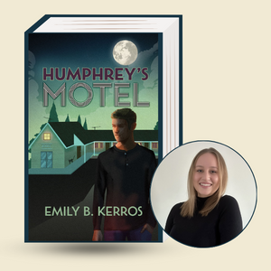 Humphrey's Motel book cover of an illustrated man standing in front of a dark motel. Inset with author's photo.