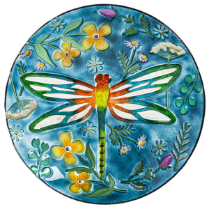 A beautifully painted blue cement stepping stone with multi, rainbow-coloured dragonfly and yellow flowers inset.