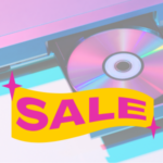Sale banner over top of an open dvd player and disc.