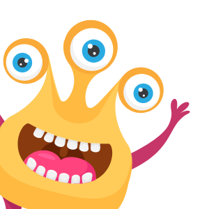 A yellow three eyed monster smiling with bright white teeth and a big pink tongue.
