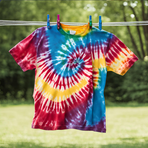Tie dye tshirt hanging on a clothes line with green foliage in background.