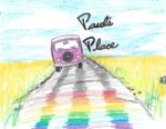 Paul's place logo. A handrawn pink van with rainbow tracks.