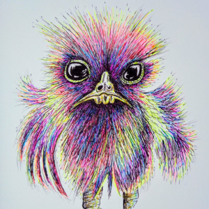 A hand sketch drawing of a baby chick in bright colours of pink, yellow, blue and purple.