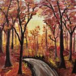 A painting of trees in autumn colours and a road running between.