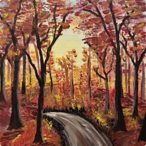 A painting of trees in autumn colours and a road running between.