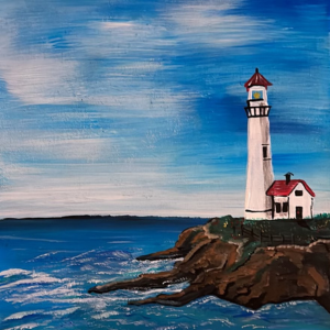 A painted lighthouse on a cliff edge surrounded by sea and sky.