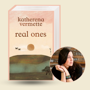 A photo of Katherena Vermette and a watercolour painted book cover depicting a sunrise in soft pinks and a foreground in greens and browns.