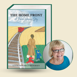 A photo of Author Lynne Mitchell-Pedersen and of the had drawn book cover depicting a pregnant woman holding the hand of a child with another holding her leg as they wait for a train on the prairies.