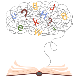 An open book with a grey squiggle cloud filled with jumbled letters and punctuation marks in primary colours.