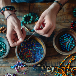 Bowls of brightly coloured beads with a pair of hands creating a beaded bracelet.